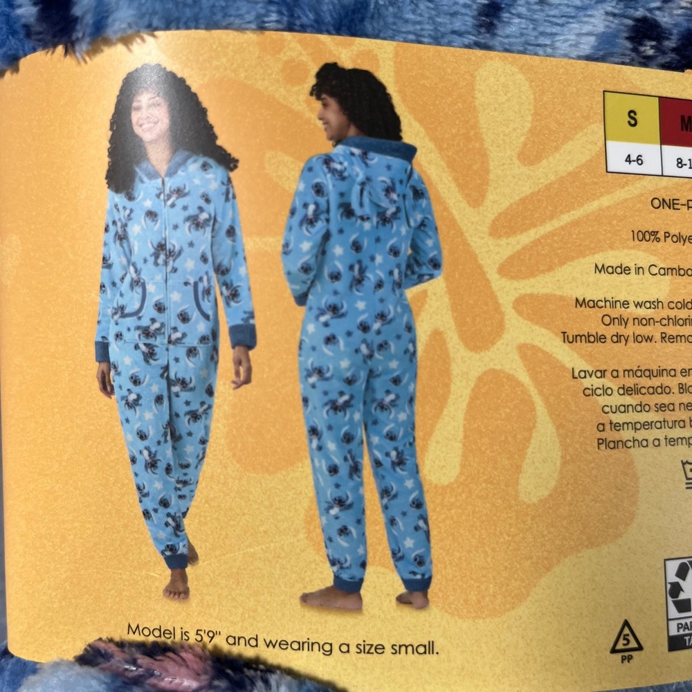 NWT Disney Stitch One Piece Pajama Union Suit Blue Fleece Hooded‎ Womens Large - Picture 4 of 5